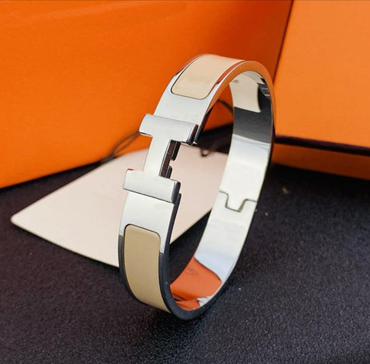 Designer Inspired H Click Bangle Beige in Silver Finish