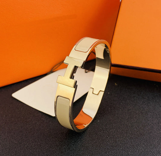 Designer Inspired H Click Bangle Beige in Gold Finish