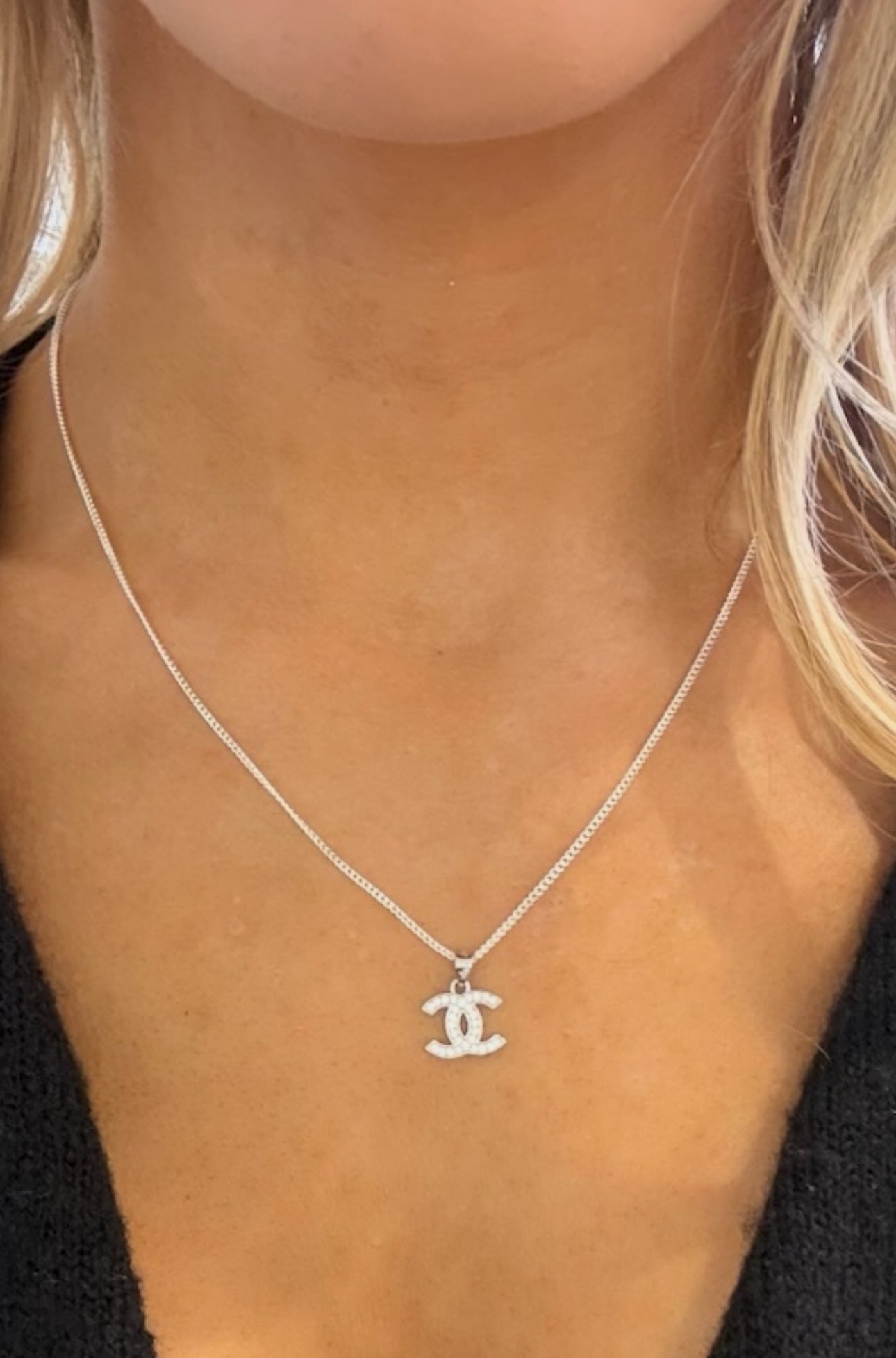 Designer Inspired CC logo Sterling Silver CZ necklace Rhodium Plated