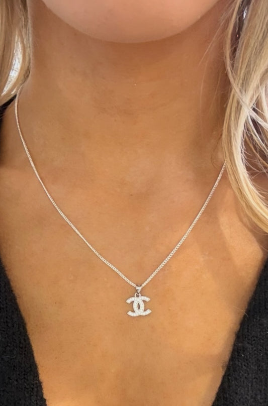 Designer Inspired CC logo Sterling Silver CZ necklace Rhodium Plated