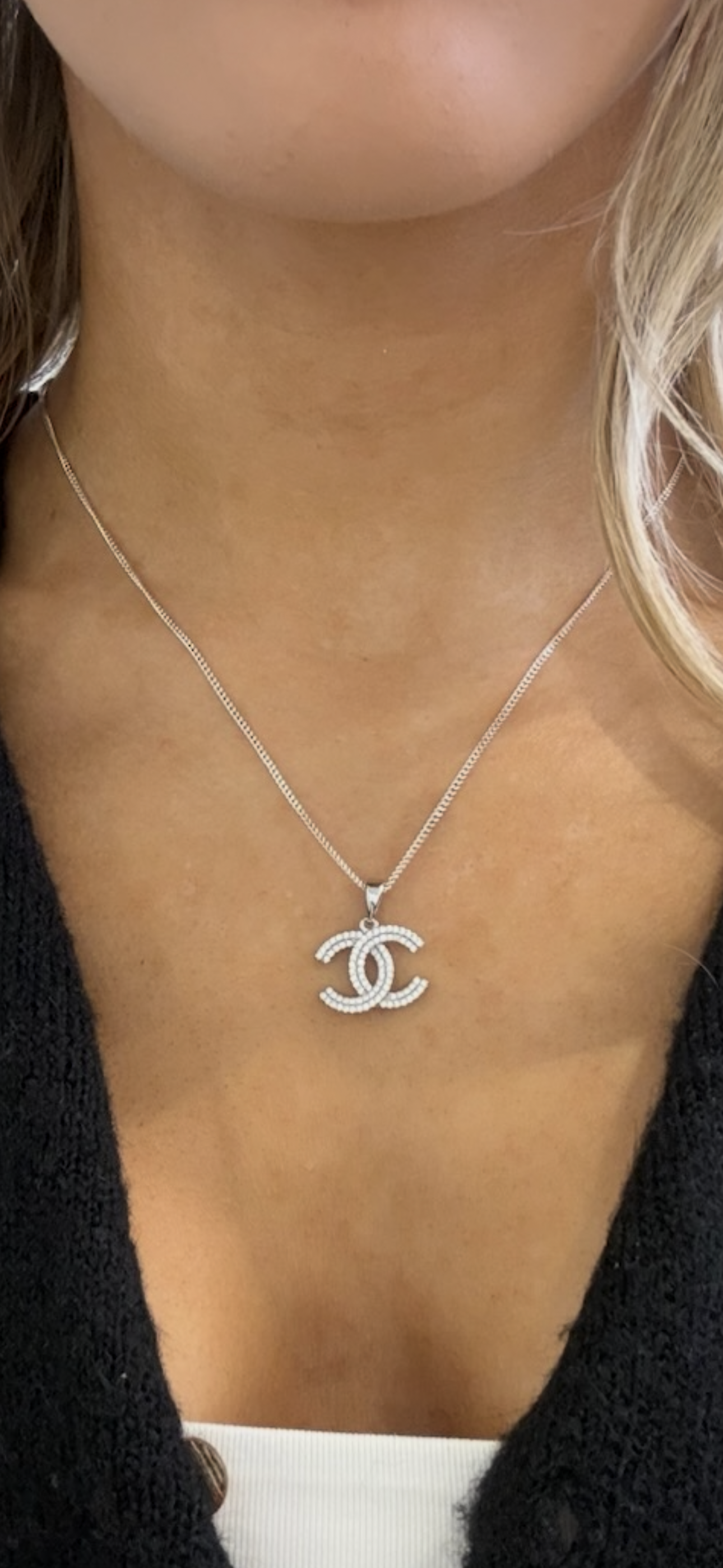 Designer Inspired CC logo Sterling Silver CZ Necklace 2 row