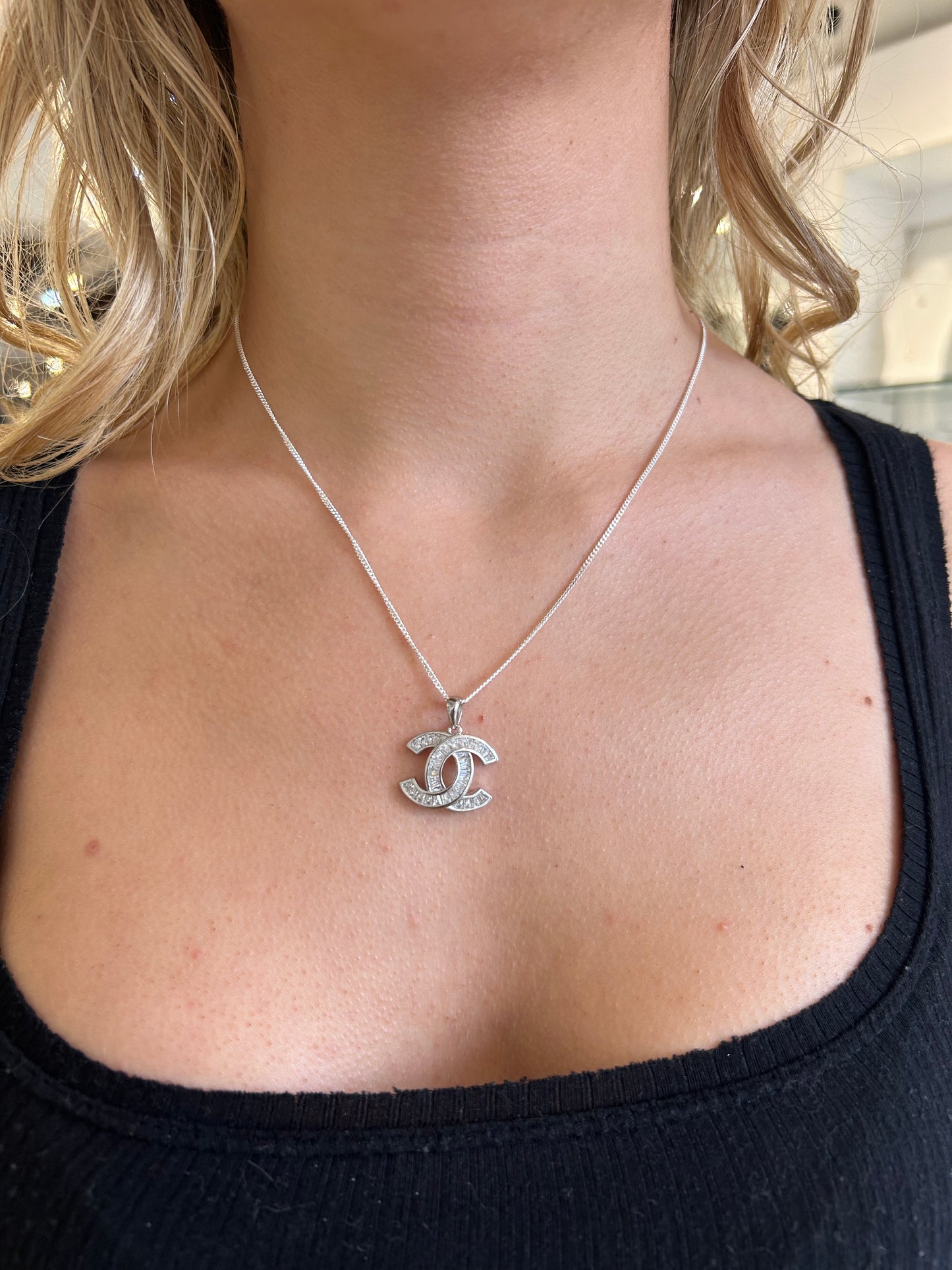 Designer Inspired CC logo Sterling Silver CZ Necklace with Baguettes