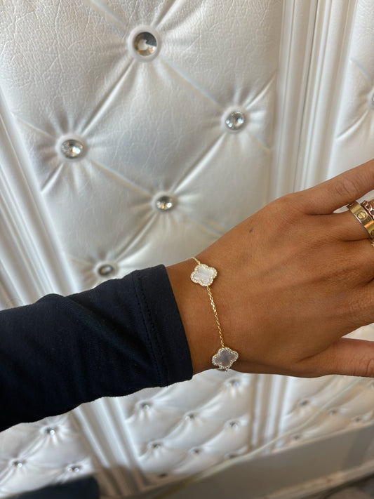 Four Leaf Clover Vermeil (Gold Plated) Bracelet with 3 Mother of Pearl Clovers