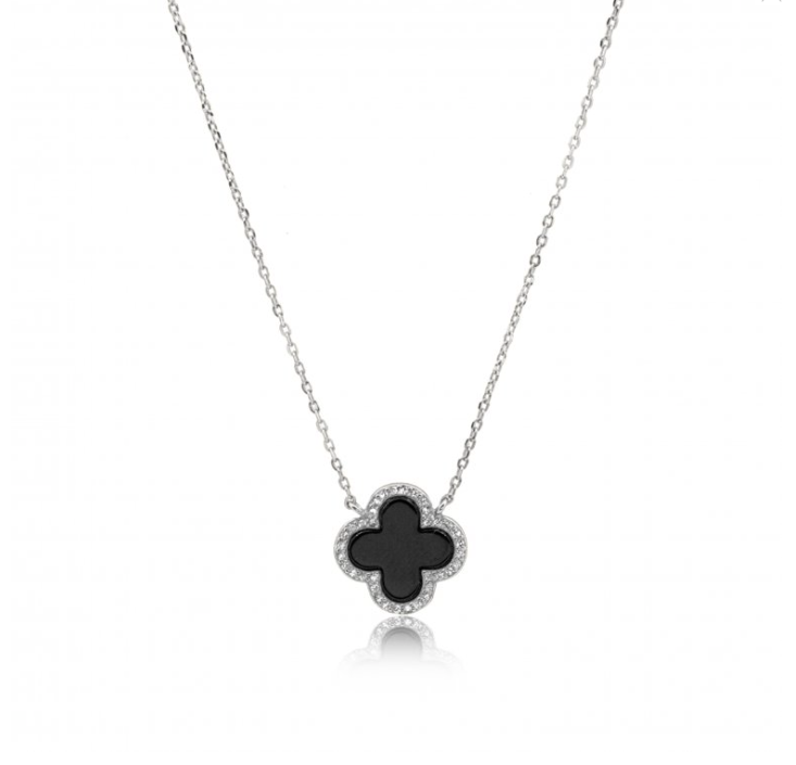 Four Leaf Clover Necklace Black Onyx set on Sterling Silver