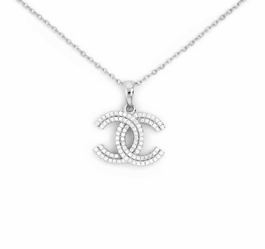 Designer Inspired CC logo Sterling Silver CZ Necklace 2 row