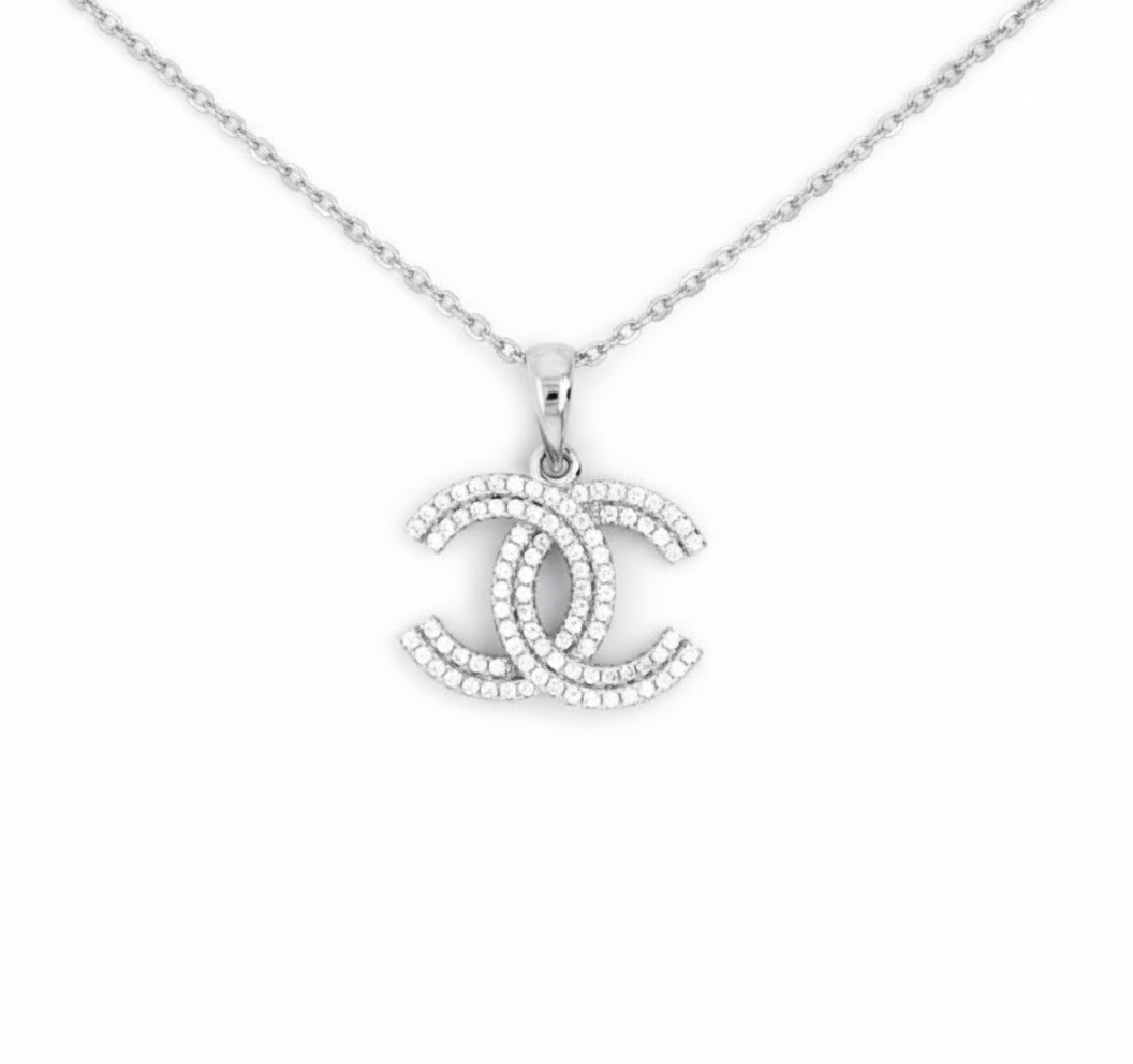 Designer Inspired CC logo Sterling Silver CZ Necklace 2 row