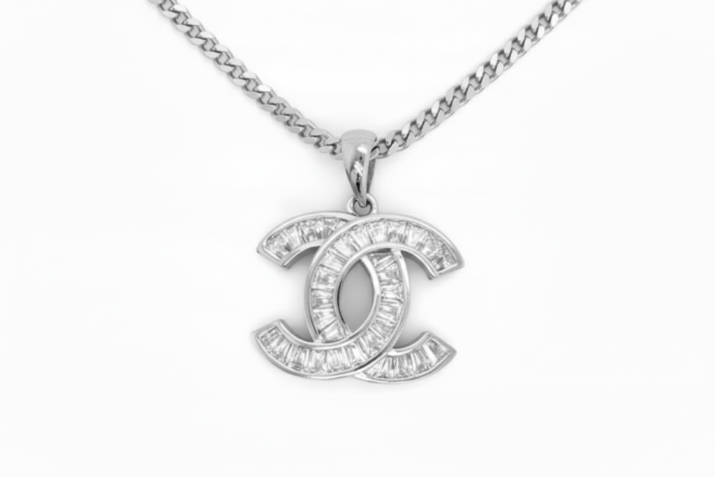 Designer Inspired CC logo Sterling Silver CZ Necklace with Baguettes