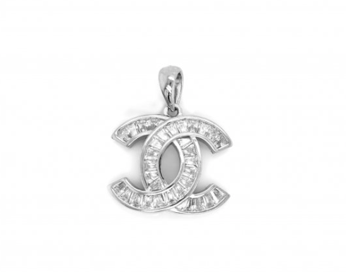 Designer Inspired CC logo Sterling Silver CZ Necklace with Baguettes