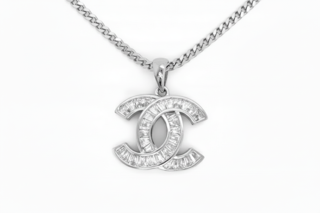 Designer Inspired CC logo Sterling Silver CZ Necklace with Baguettes
