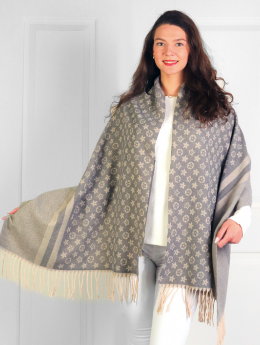 Designer Inspired LV Print Grey Scarf