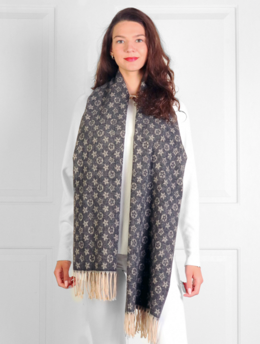 Designer Inspired LV Print Grey Scarf