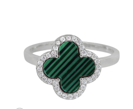 Four Leaf Clover - (Silver/Green Malachite) Sterling Silver Ring