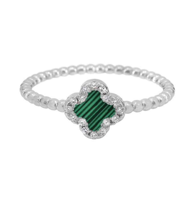 Four Leaf Clover - (Silver/Green Malachite) Beaded Sterling Silver Ring