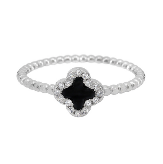Four Leaf Clover - (Silver/Black Agate) Sterling Silver Ring
