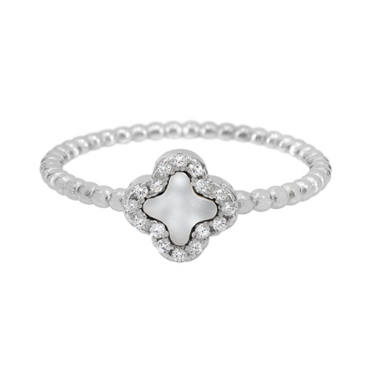 Four Leaf Clover - (Silver/Pearl) Beaded Sterling Silver Ring