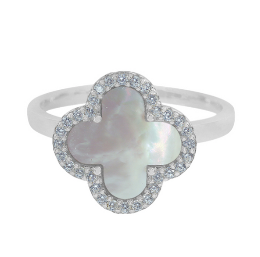 Four Leaf Clover - (Silver/Pearl) Sterling Silver Ring