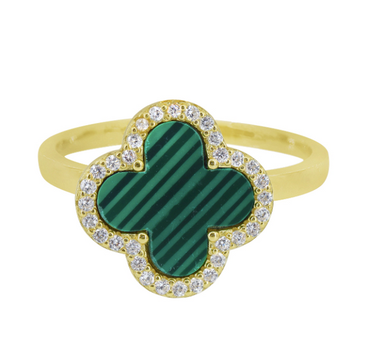 Four Leaf Clover - (Gold/Green Malachite) Sterling Silver Ring