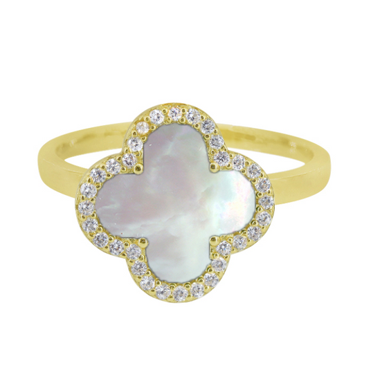 Four Leaf Clover - (Gold/Pearl) Sterling Silver Ring