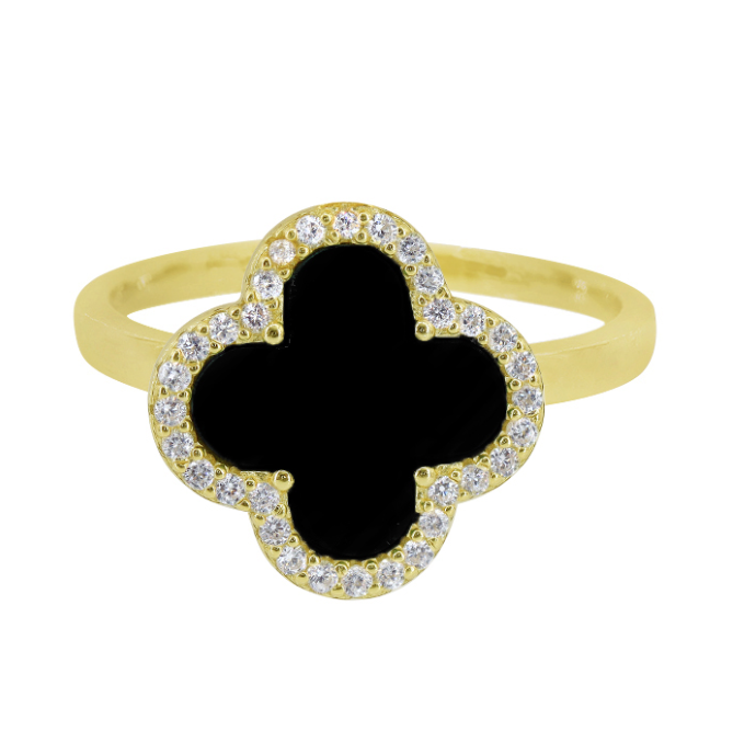 Four Leaf Clover - (Gold/Black Agate) Sterling Silver Ring