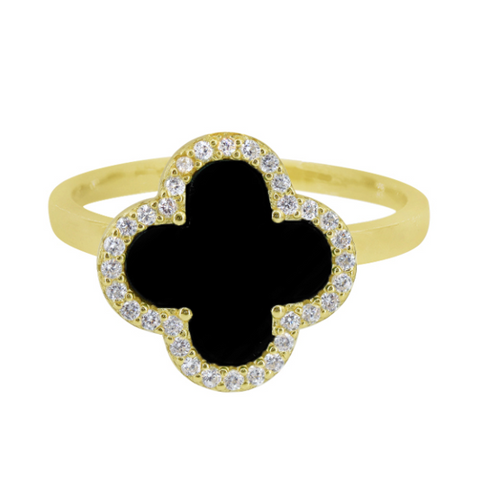 Four Leaf Clover - (Gold/Black Agate) Sterling Silver Ring