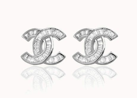 Designer Inspired CC logo Sterling Silver Large Baguette CZ Earrings