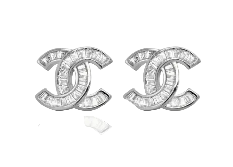 Designer Inspired CC logo Sterling Silver Large Baguette CZ Earrings