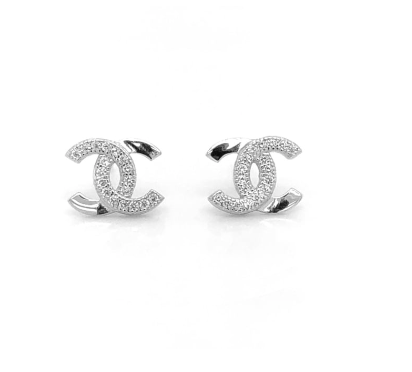 Designer Inspired CC logo Sterling Silver Studs with Half CZ