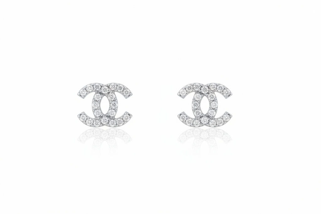 Designer Inspired CC logo Sterling Silver CZ Studs Earrings