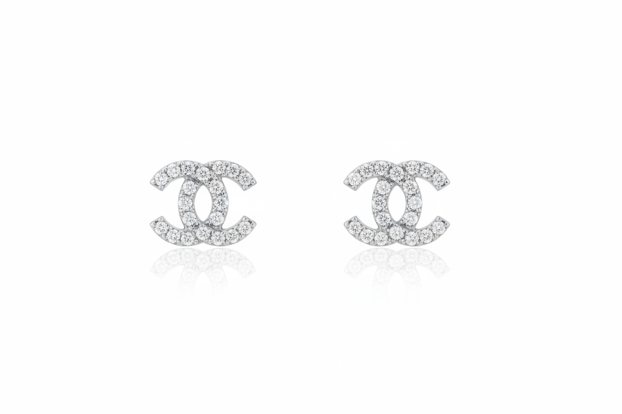 Designer Inspired CC logo Sterling Silver CZ Studs Earrings
