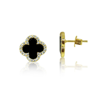 Four Leaf Clover Black Onyx Gold Plated Studs / Earrings