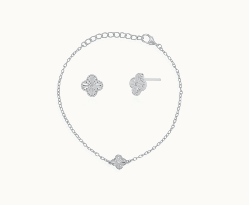 Sterling Silver with Rhodium Plating Clover Bracelet and Earring Set