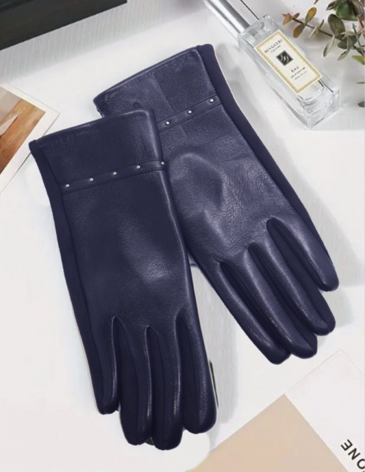 Navy Leather Look Gloves