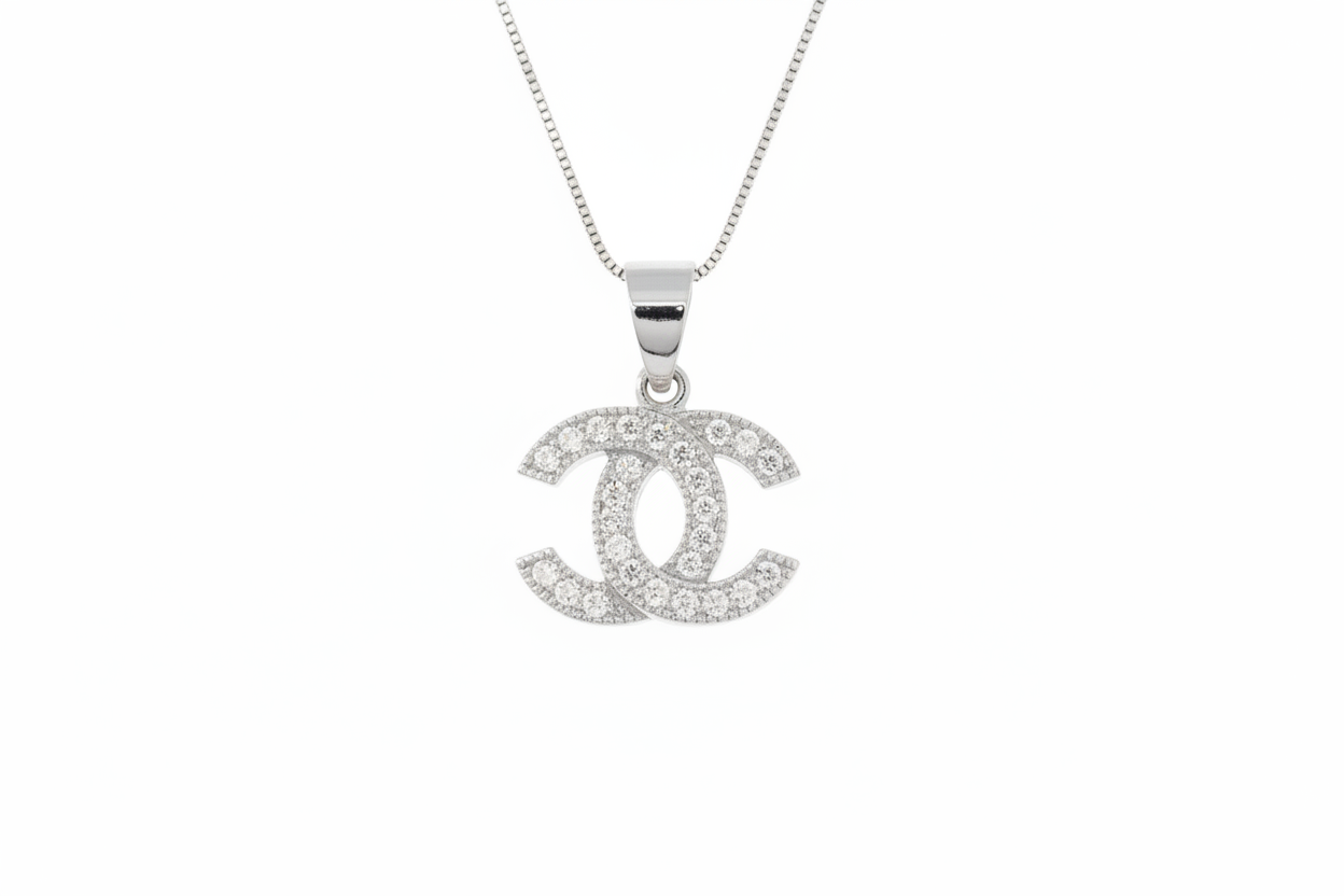 Designer Inspired CC logo Sterling Silver CZ necklace Rhodium Plated