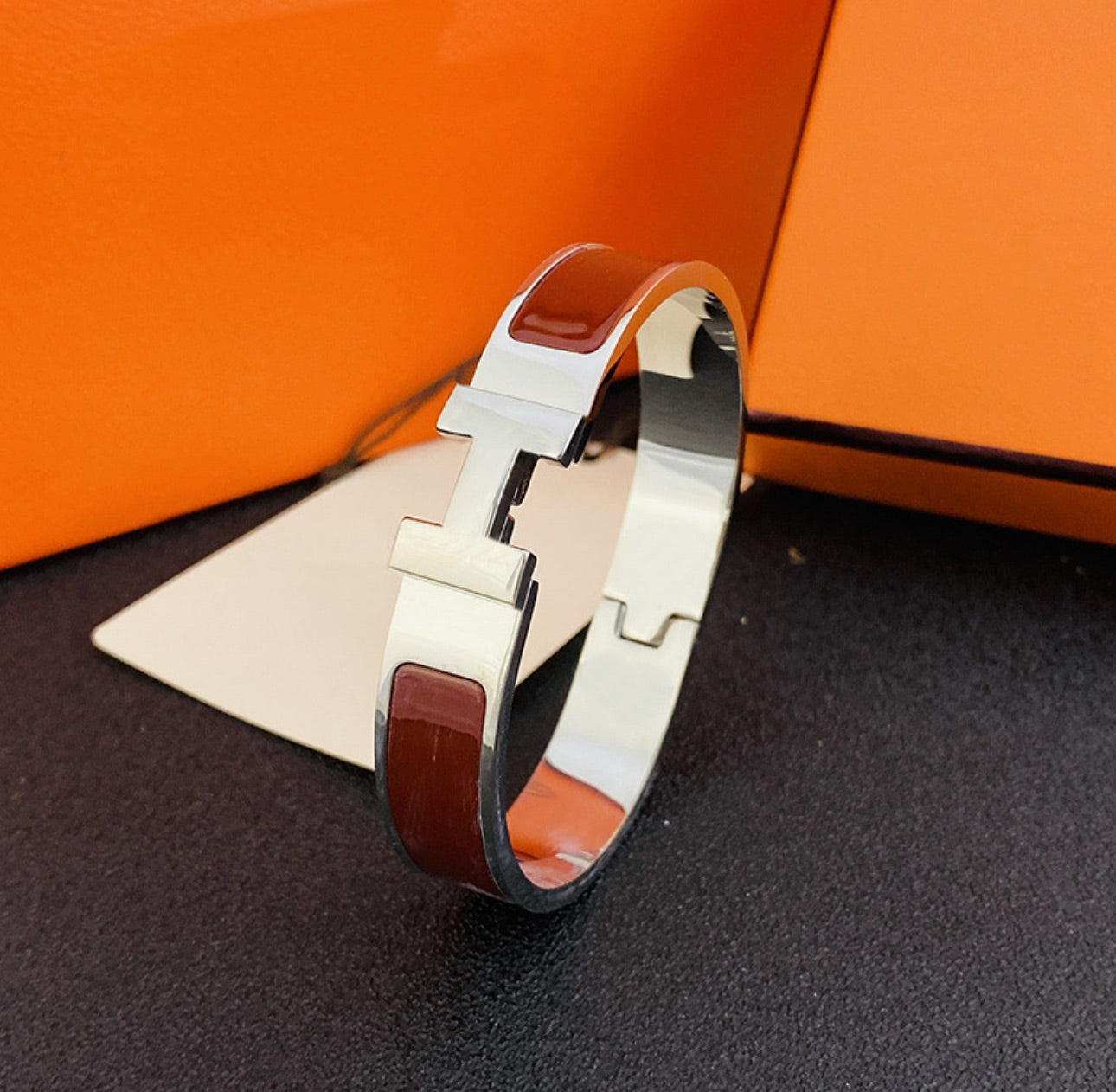 Designer Inspired H Click Bangle Burgundy in Silver Finish