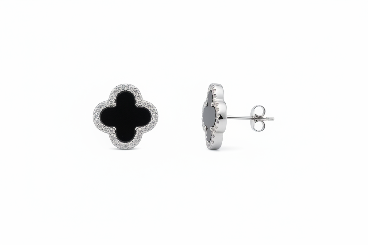 Four Leaf Clover Black Onyx Sterling Silver Studs / Earrings