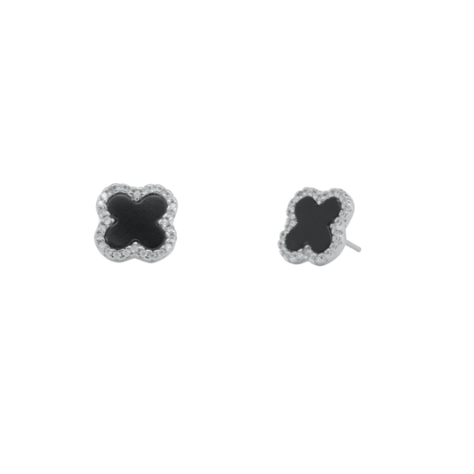 Four Leaf Clover Black Onyx Sterling Silver Studs / Earrings