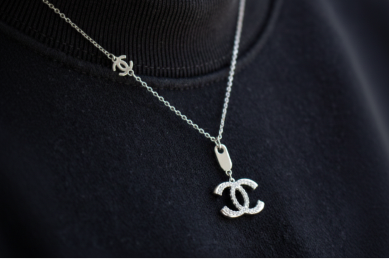 Designer Inspired CC logo Sterling Silver CZ necklace Rhodium Plated