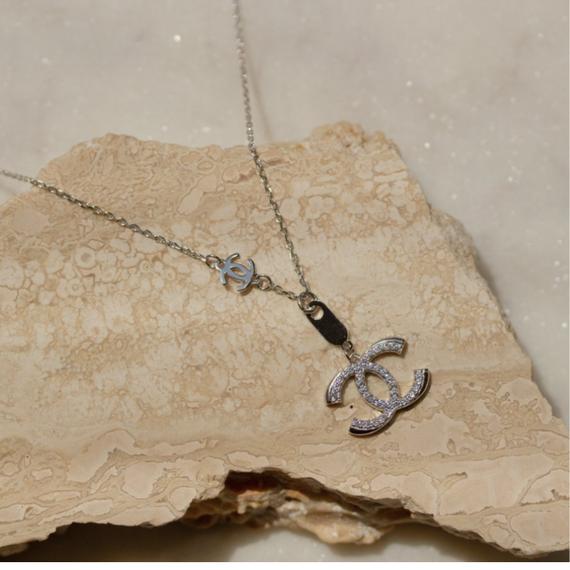 Designer Inspired CC logo Sterling Silver CZ necklace Rhodium Plated