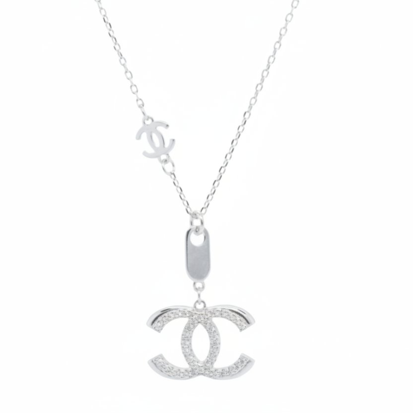 Designer Inspired CC logo Sterling Silver CZ necklace Rhodium Plated