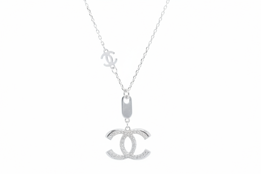 Designer Inspired CC logo Sterling Silver CZ necklace Rhodium plated w/ mini CC on chain