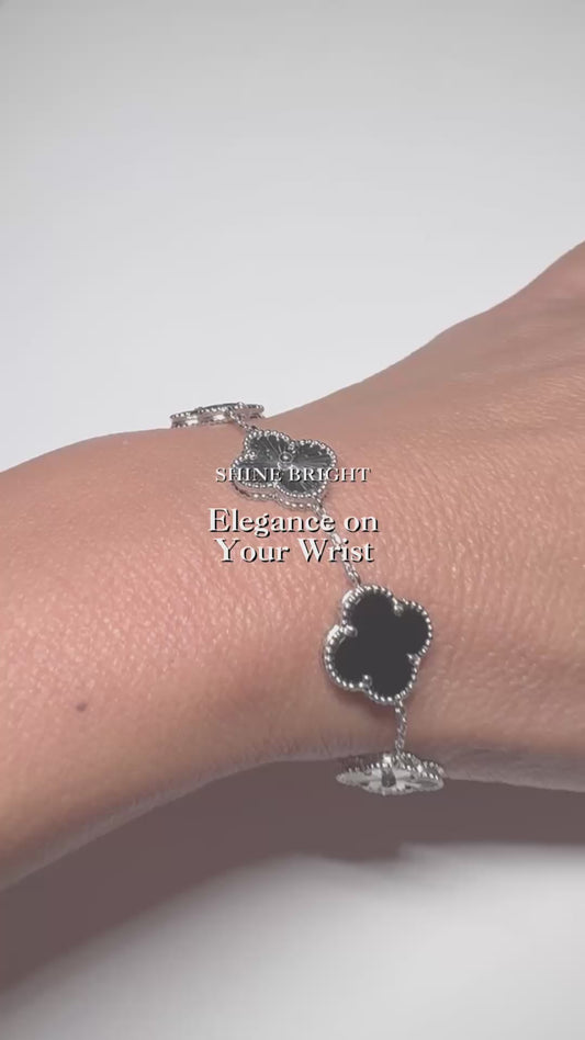 Four Leaf Clover Bracelet - Vintage Silver and Black Onyx