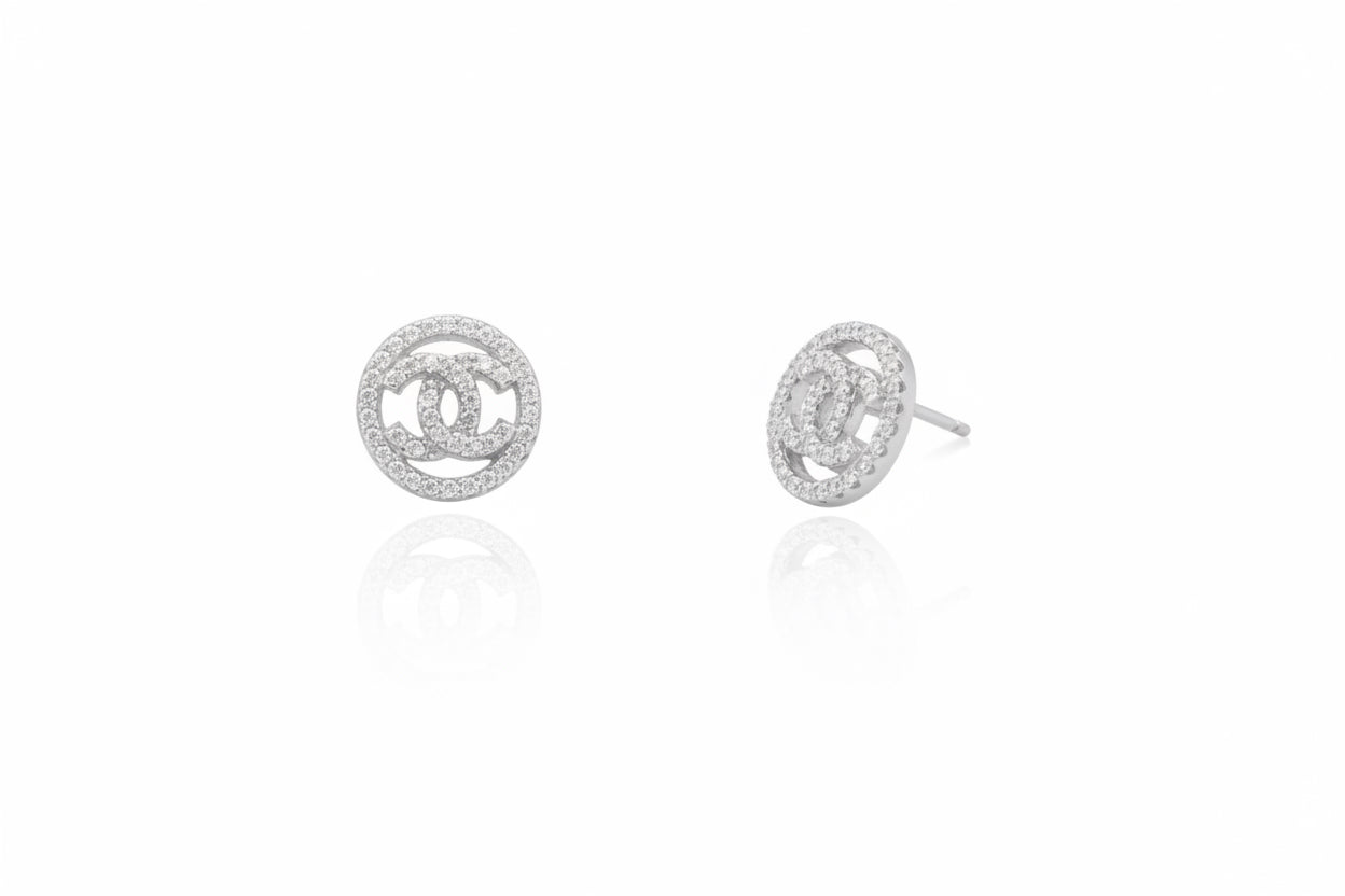 Designer Inspired CC logo Sterling Silver Studs with Border