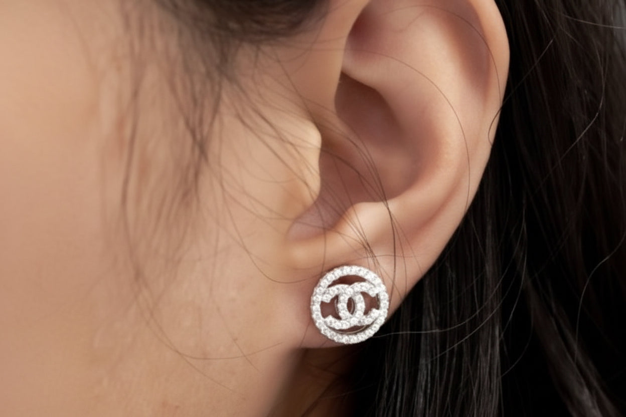 Designer Inspired CC logo Sterling Silver Studs with Border